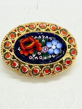Antique Italian Micro Mosaic Floral Hand Made Tesserae Brass Brooch Pin RARE